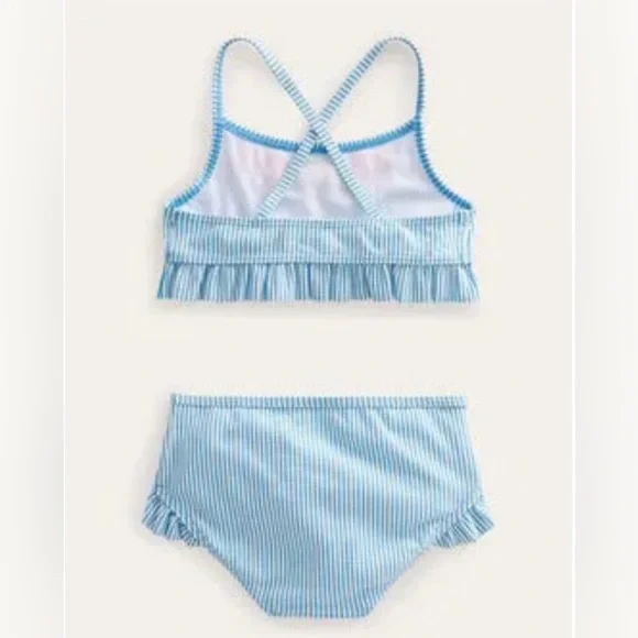 NWT Mini Boden Blue Seersucker Embroidered Frilly Bikini, Size 8-9Y